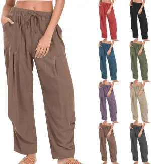 Linen Pants for Women Pleated Elastic Waist Drawstring Womens Summer Pants with Pockets High Waisted Palazzo Trousers