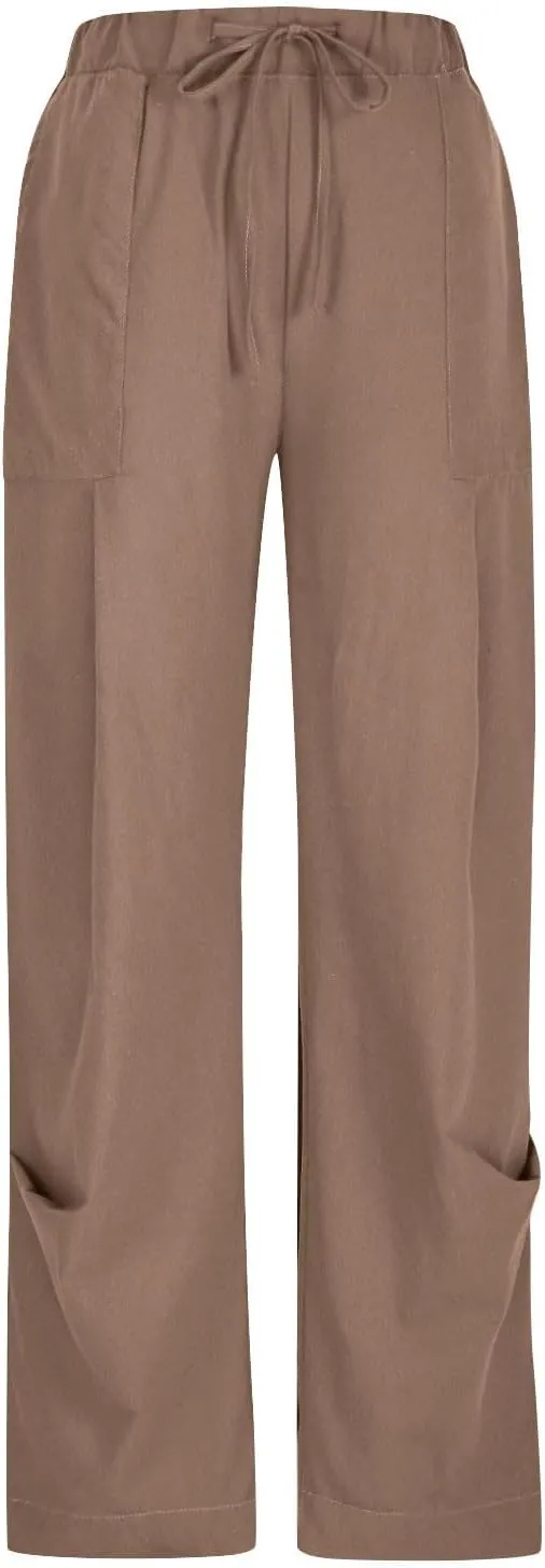 Linen Pants for Women Pleated Elastic Waist Drawstring Womens Summer Pants with Pockets High Waisted Palazzo Trousers