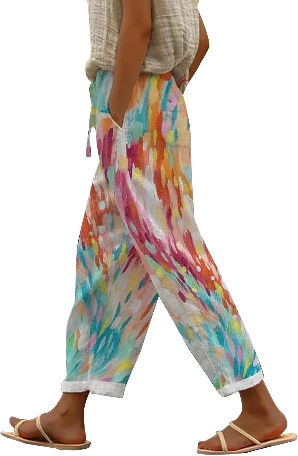 Linen Pants Women Summer Casual Drawstring Pants Summer Boho Wide Leg Women's Clothing Womens
