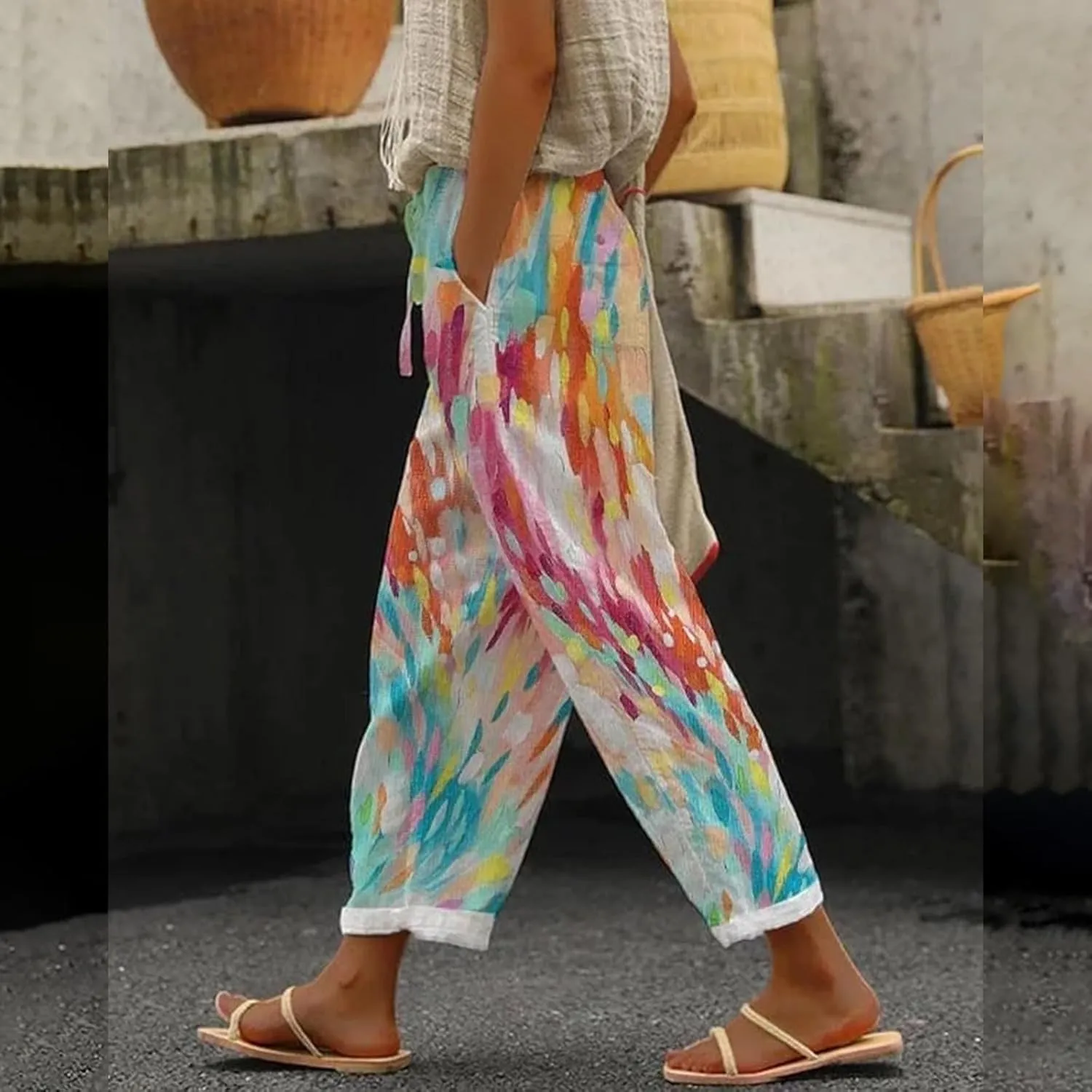 Linen Pants Women Summer Casual Drawstring Pants Summer Boho Wide Leg Women's Clothing Womens