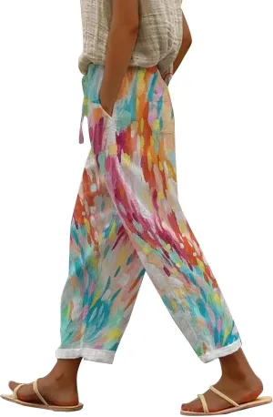 Linen Pants Women Summer Casual Drawstring Pants Summer Boho Wide Leg Women's Clothing Womens