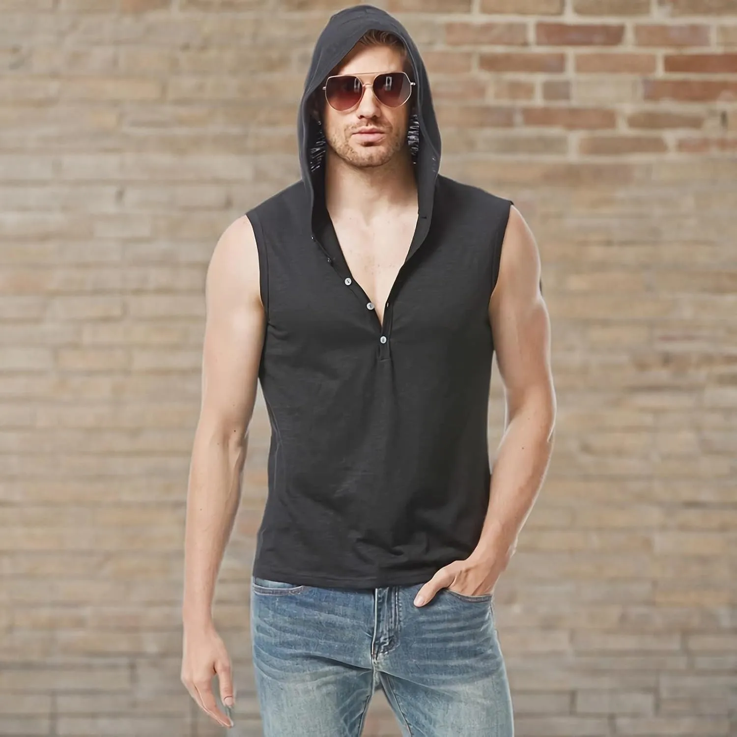 Linen Shirts for Men Sleeveless Tshirts Hoodie Cotton Linen Henley Shirt Tank Top Casual Beach Hippie Vest with Hood