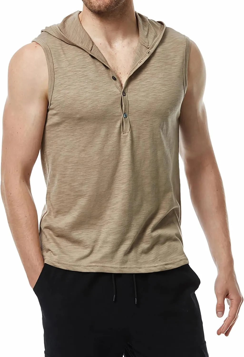 Linen Shirts for Men Sleeveless Tshirts Hoodie Cotton Linen Henley Shirt Tank Top Casual Beach Hippie Vest with Hood