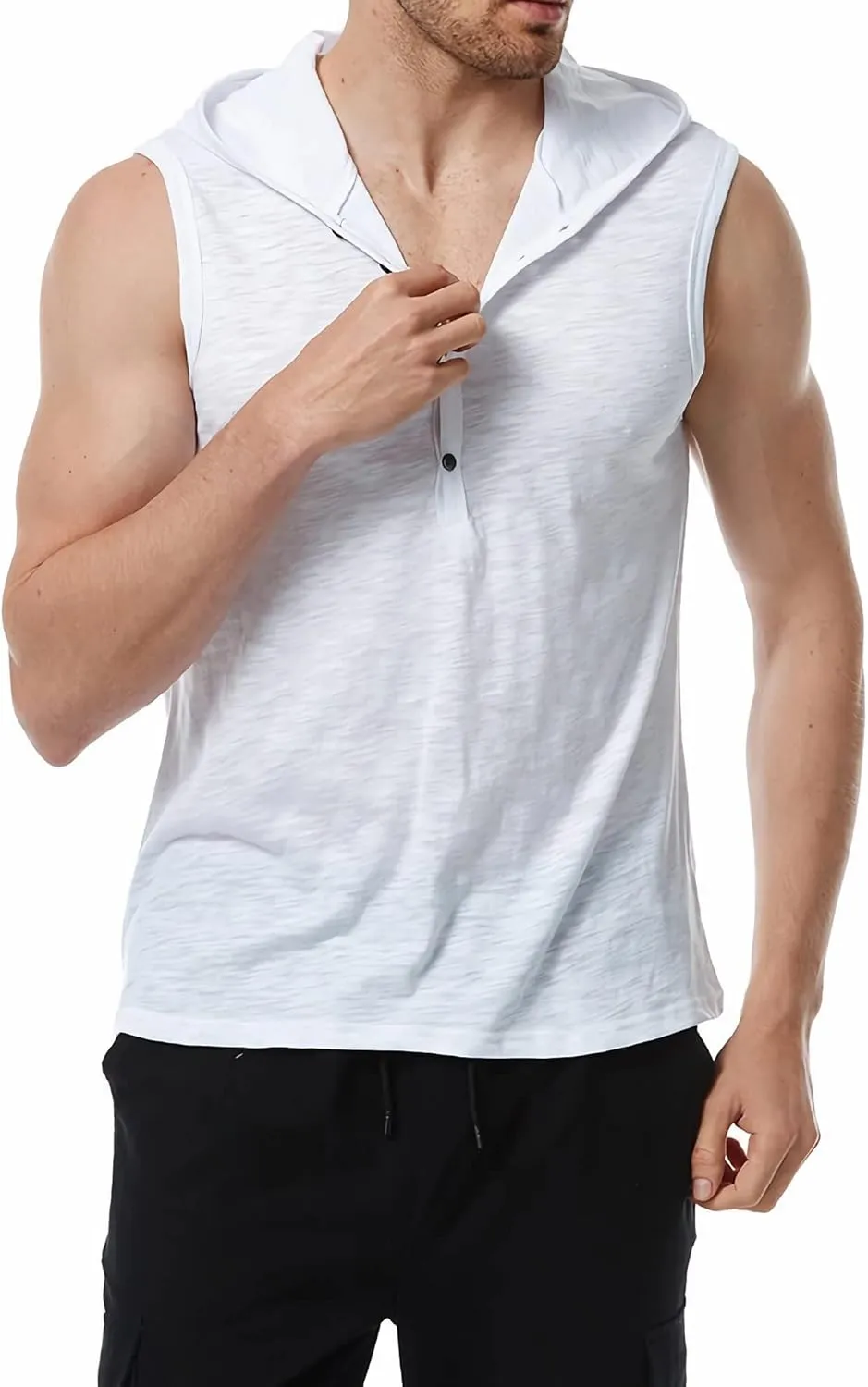 Linen Shirts for Men Sleeveless Tshirts Hoodie Cotton Linen Henley Shirt Tank Top Casual Beach Hippie Vest with Hood