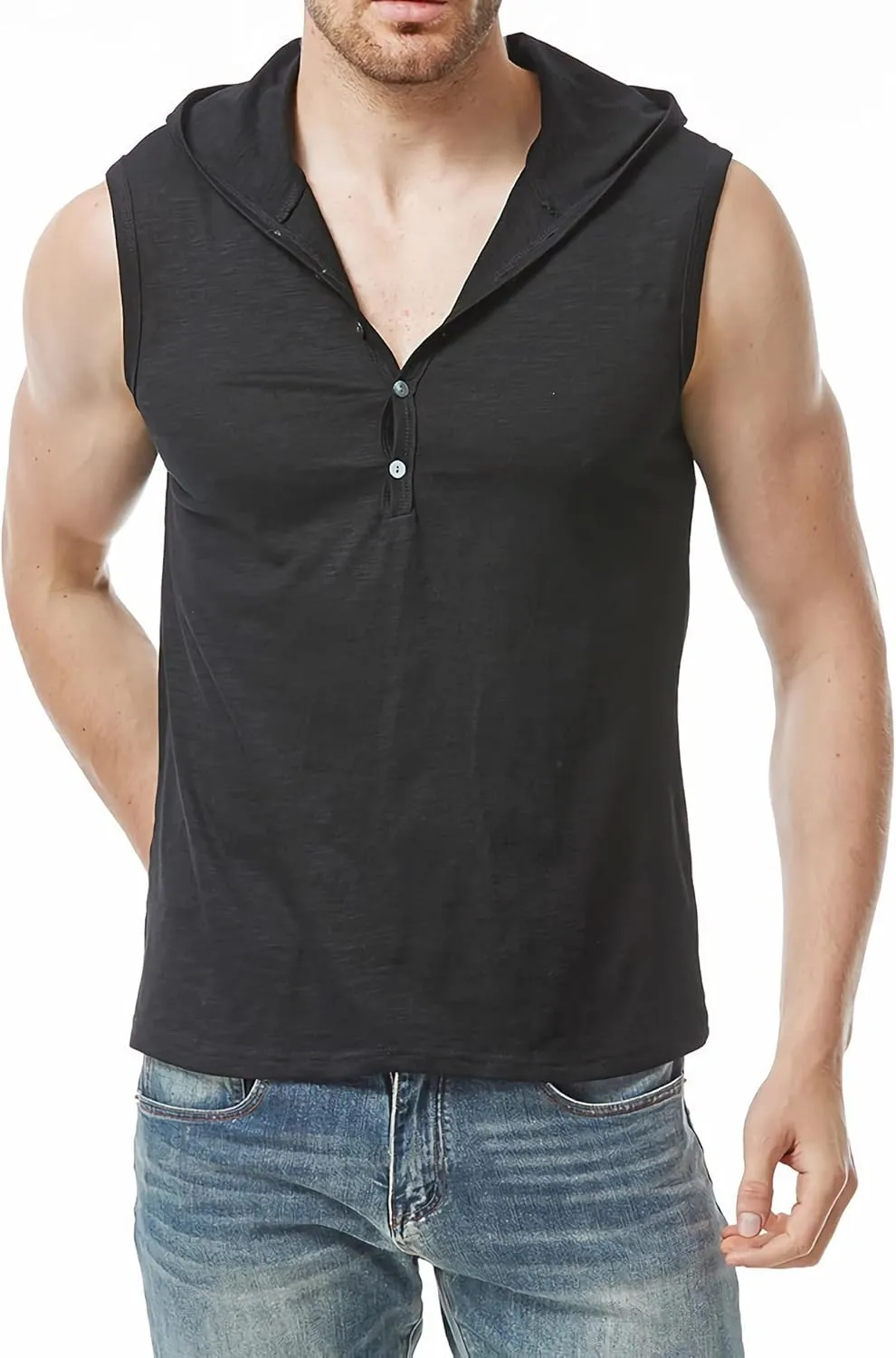 Linen Shirts for Men Sleeveless Tshirts Hoodie Cotton Linen Henley Shirt Tank Top Casual Beach Hippie Vest with Hood