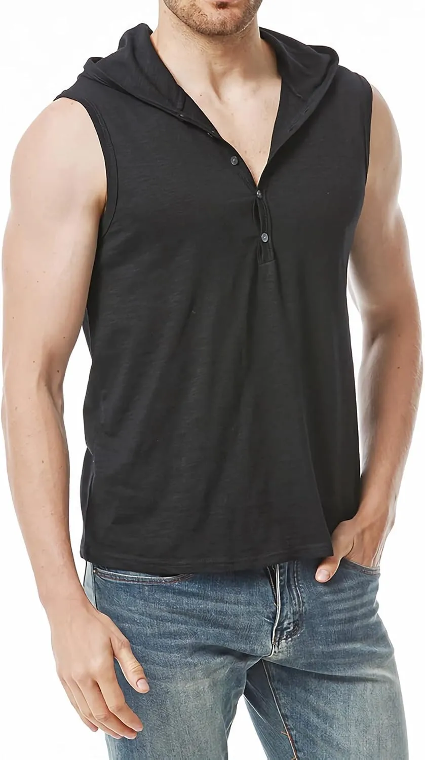 Linen Shirts for Men Sleeveless Tshirts Hoodie Cotton Linen Henley Shirt Tank Top Casual Beach Hippie Vest with Hood