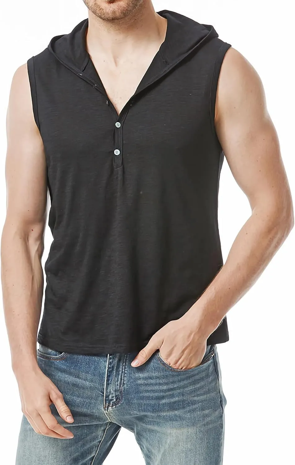 Linen Shirts for Men Sleeveless Tshirts Hoodie Cotton Linen Henley Shirt Tank Top Casual Beach Hippie Vest with Hood