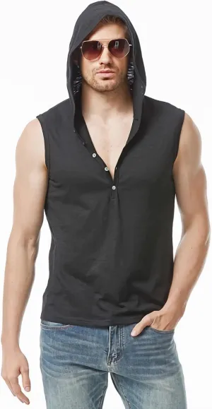Linen Shirts for Men Sleeveless Tshirts Hoodie Cotton Linen Henley Shirt Tank Top Casual Beach Hippie Vest with Hood
