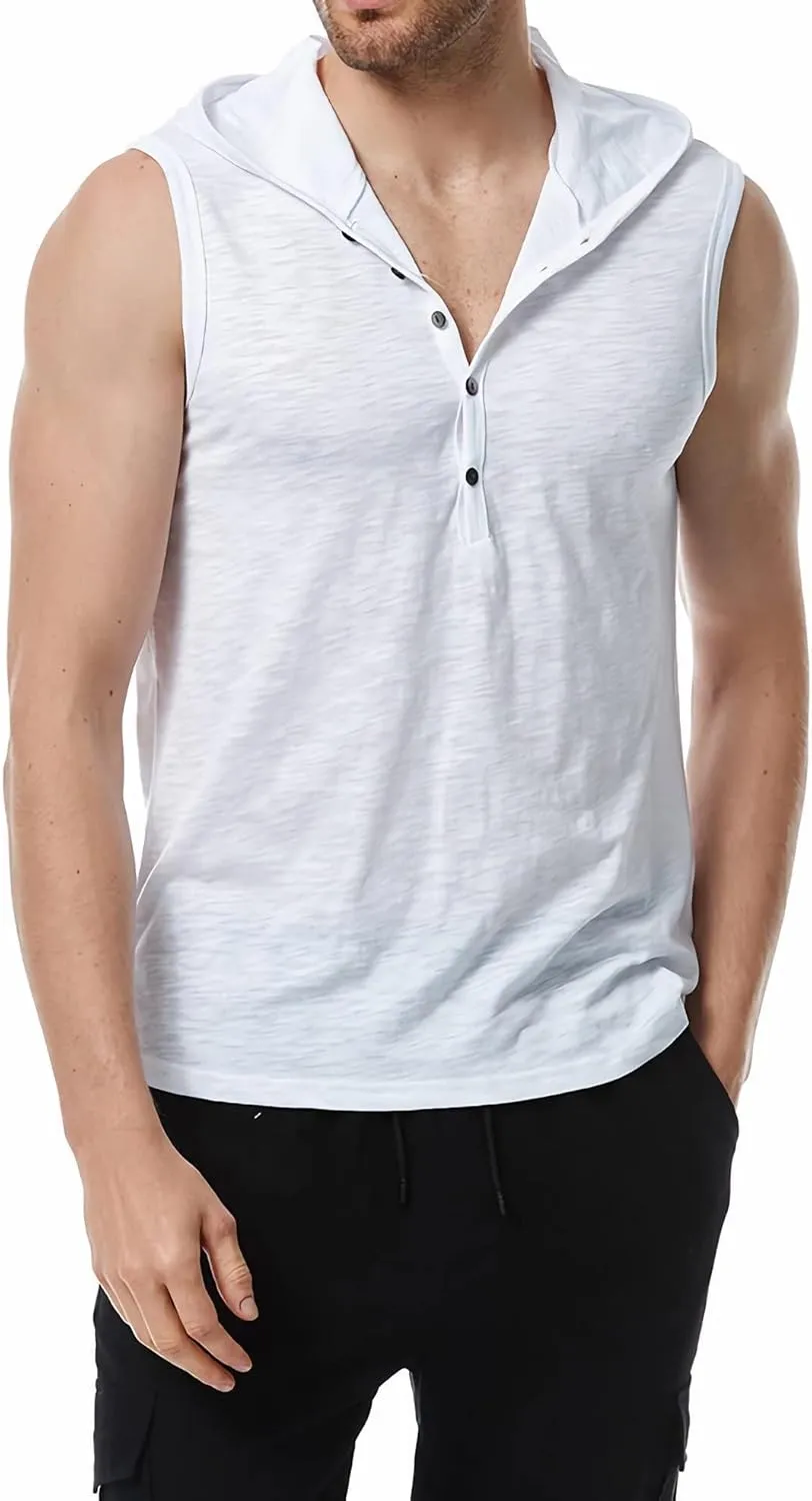 Linen Shirts for Men Sleeveless Tshirts Hoodie Cotton Linen Henley Shirt Tank Top Casual Beach Hippie Vest with Hood