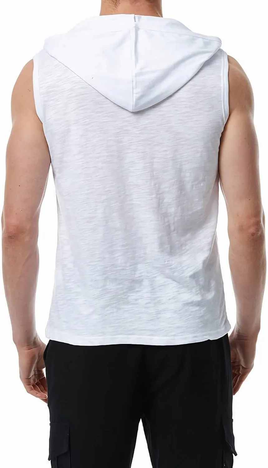 Linen Shirts for Men Sleeveless Tshirts Hoodie Cotton Linen Henley Shirt Tank Top Casual Beach Hippie Vest with Hood