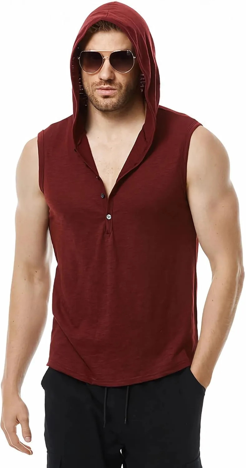 Linen Shirts for Men Sleeveless Tshirts Hoodie Cotton Linen Henley Shirt Tank Top Casual Beach Hippie Vest with Hood