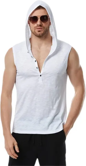 Linen Shirts for Men Sleeveless Tshirts Hoodie Cotton Linen Henley Shirt Tank Top Casual Beach Hippie Vest with Hood