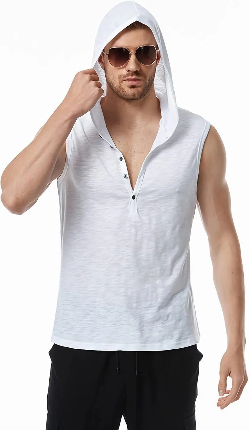 Linen Shirts for Men Sleeveless Tshirts Hoodie Cotton Linen Henley Shirt Tank Top Casual Beach Hippie Vest with Hood