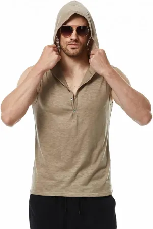 Linen Shirts for Men Sleeveless Tshirts Hoodie Cotton Linen Henley Shirt Tank Top Casual Beach Hippie Vest with Hood