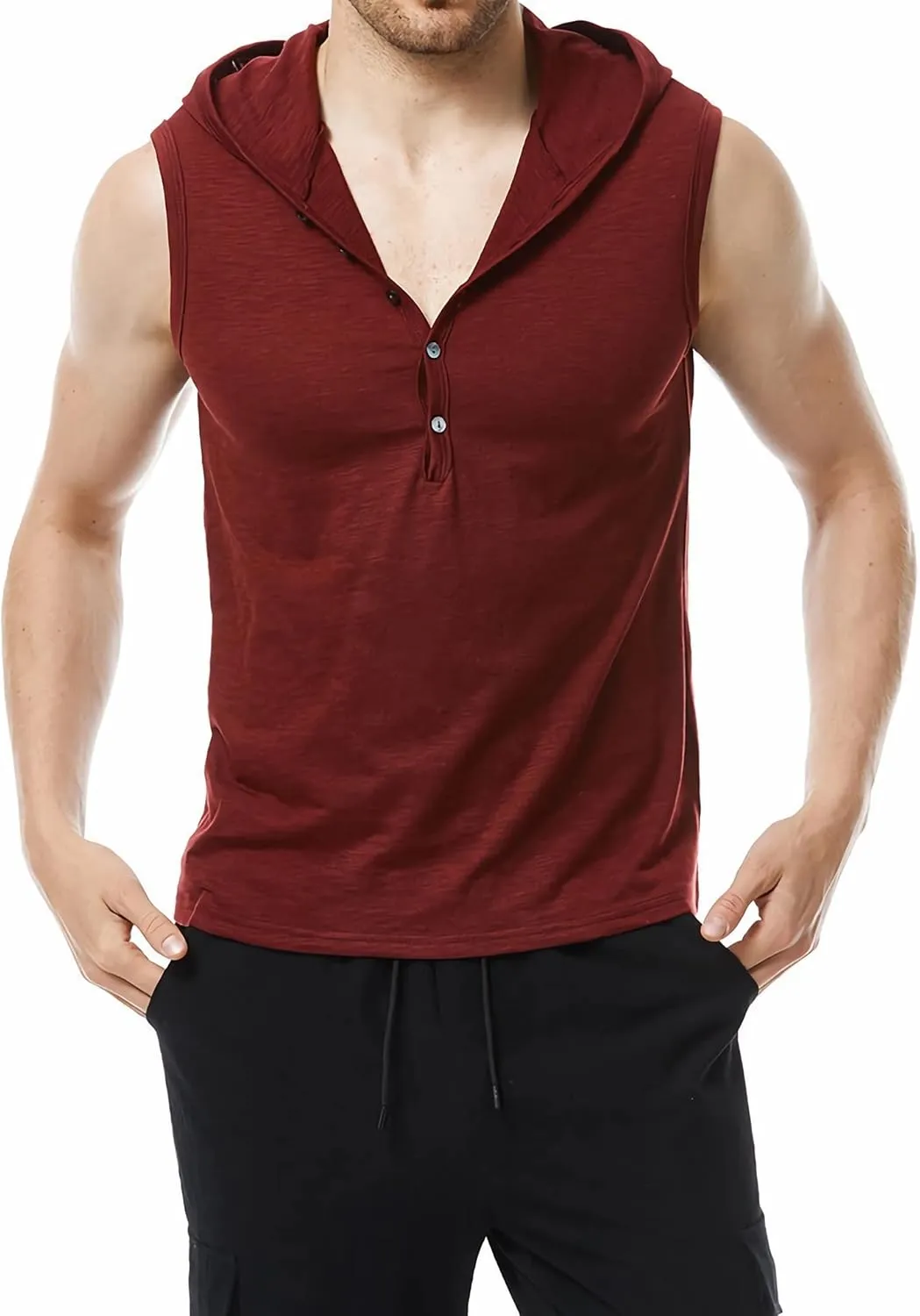 Linen Shirts for Men Sleeveless Tshirts Hoodie Cotton Linen Henley Shirt Tank Top Casual Beach Hippie Vest with Hood