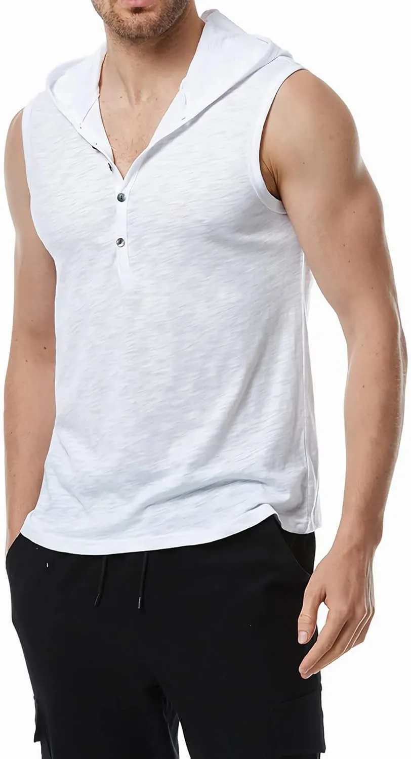 Linen Shirts for Men Sleeveless Tshirts Hoodie Cotton Linen Henley Shirt Tank Top Casual Beach Hippie Vest with Hood