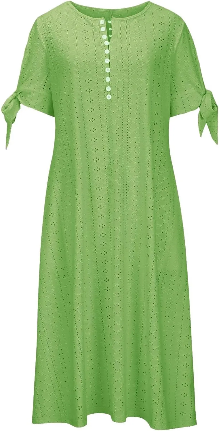Long Dresses for Women 2025 Trendy Short Sleeve Boho Eyelet Tshirt Dress Casual Summer Beach Vacation Sundress