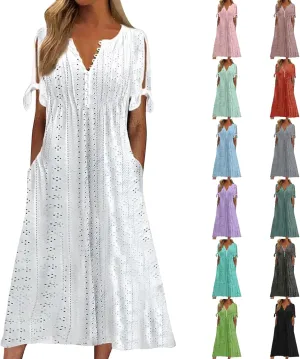 Long Dresses for Women 2025 Trendy Short Sleeve Boho Eyelet Tshirt Dress Casual Summer Beach Vacation Sundress