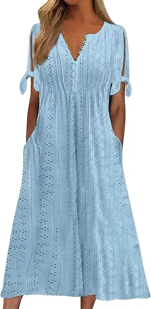 Long Dresses for Women 2025 Trendy Short Sleeve Boho Eyelet Tshirt Dress Casual Summer Beach Vacation Sundress