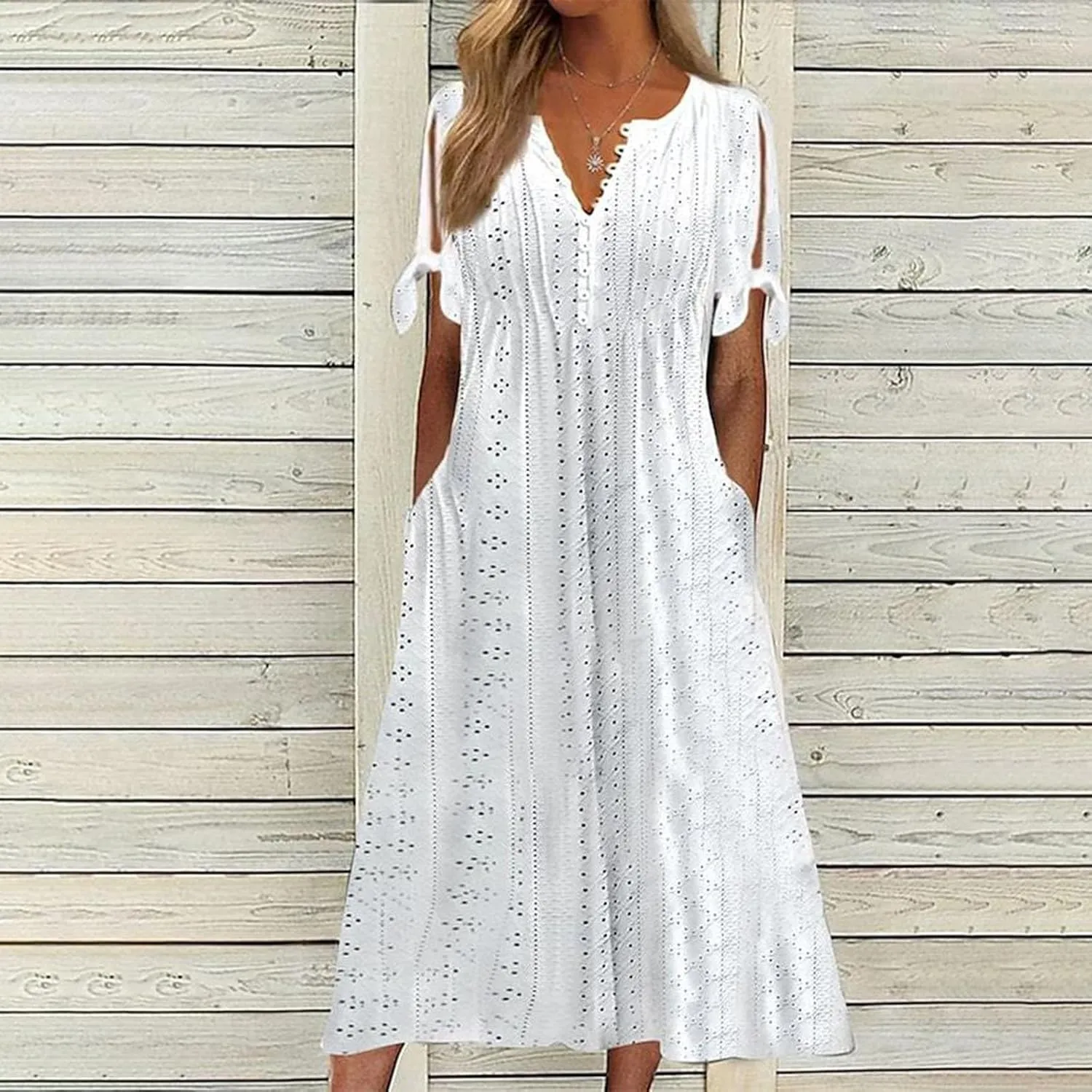 Long Dresses for Women 2025 Trendy Short Sleeve Boho Eyelet Tshirt Dress Casual Summer Beach Vacation Sundress