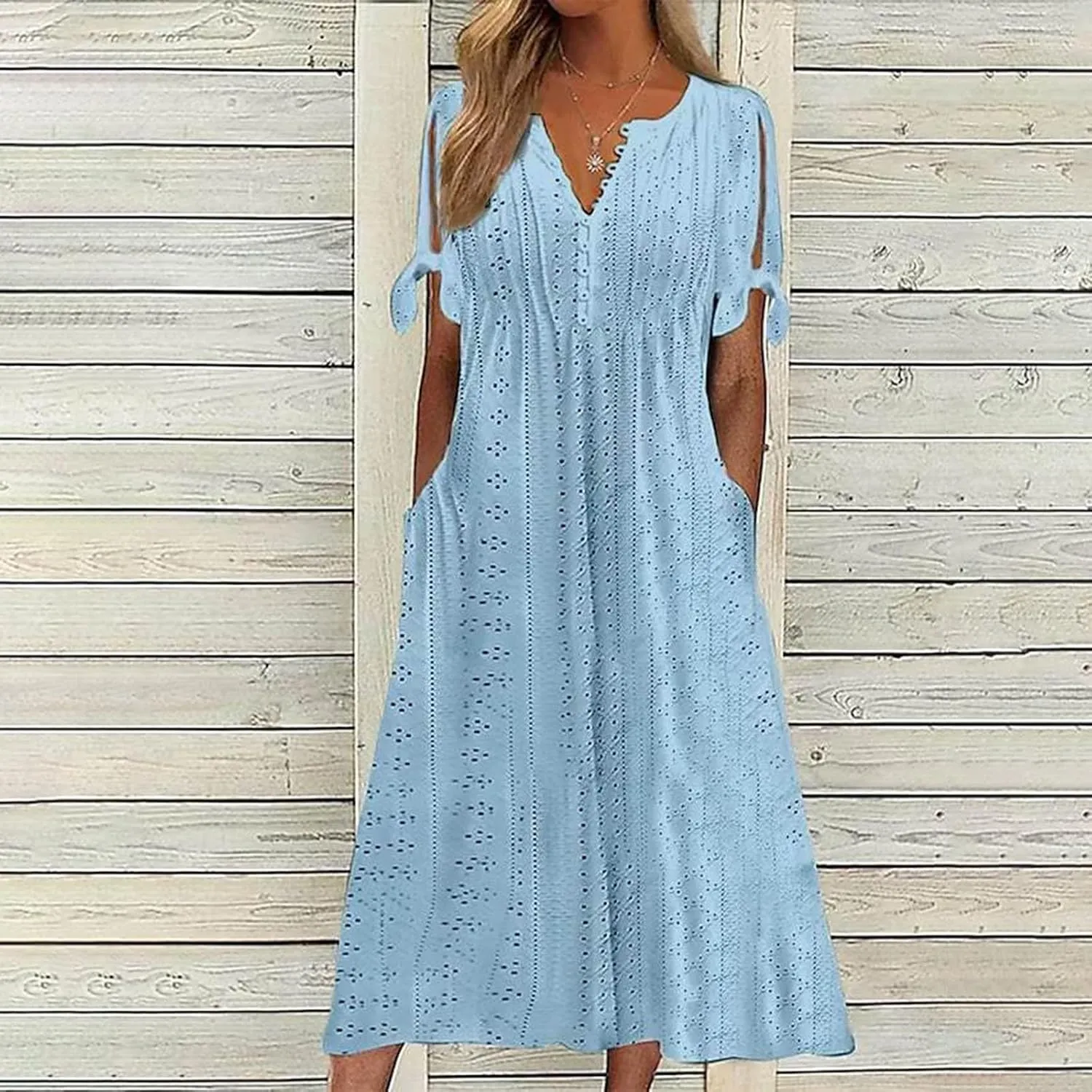 Long Dresses for Women 2025 Trendy Short Sleeve Boho Eyelet Tshirt Dress Casual Summer Beach Vacation Sundress