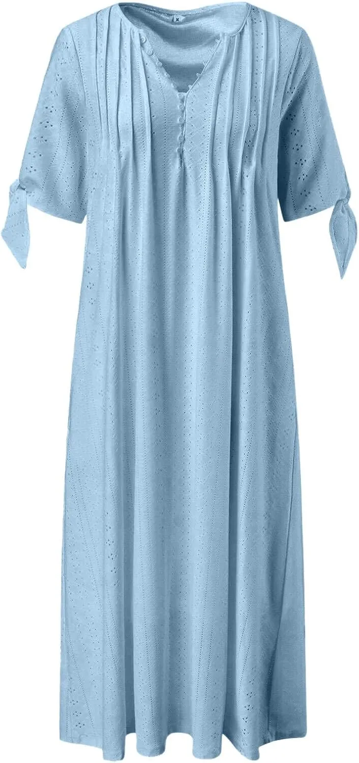 Long Dresses for Women 2025 Trendy Short Sleeve Boho Eyelet Tshirt Dress Casual Summer Beach Vacation Sundress
