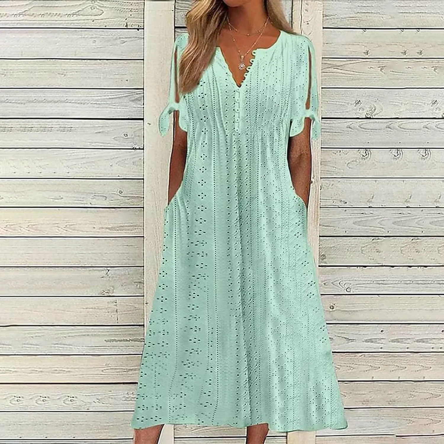 Long Dresses for Women 2025 Trendy Short Sleeve Boho Eyelet Tshirt Dress Casual Summer Beach Vacation Sundress