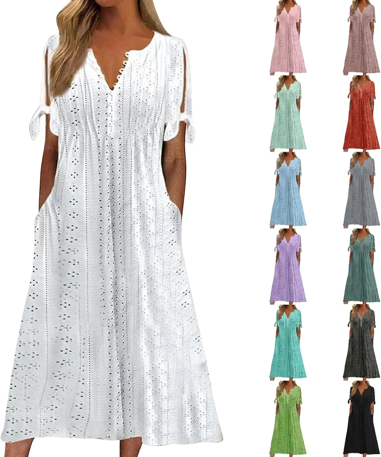 Long Dresses for Women 2025 Trendy Short Sleeve Boho Eyelet Tshirt Dress Casual Summer Beach Vacation Sundress