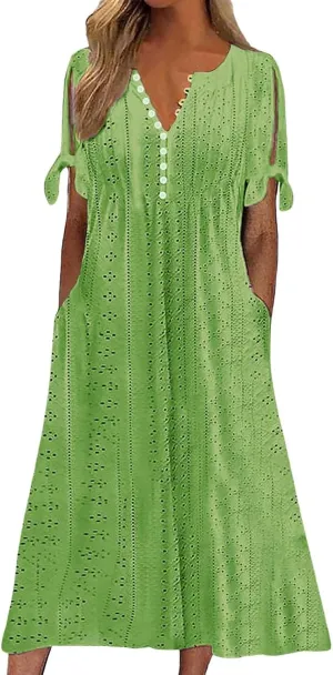 Long Dresses for Women 2025 Trendy Short Sleeve Boho Eyelet Tshirt Dress Casual Summer Beach Vacation Sundress