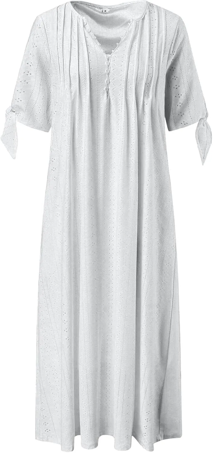 Long Dresses for Women 2025 Trendy Short Sleeve Boho Eyelet Tshirt Dress Casual Summer Beach Vacation Sundress