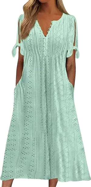 Long Dresses for Women 2025 Trendy Short Sleeve Boho Eyelet Tshirt Dress Casual Summer Beach Vacation Sundress