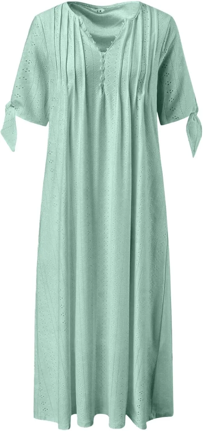 Long Dresses for Women 2025 Trendy Short Sleeve Boho Eyelet Tshirt Dress Casual Summer Beach Vacation Sundress