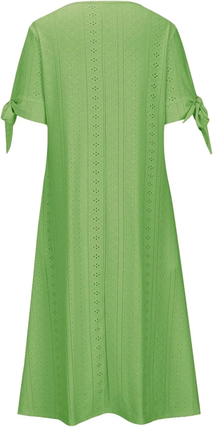 Long Dresses for Women 2025 Trendy Short Sleeve Boho Eyelet Tshirt Dress Casual Summer Beach Vacation Sundress