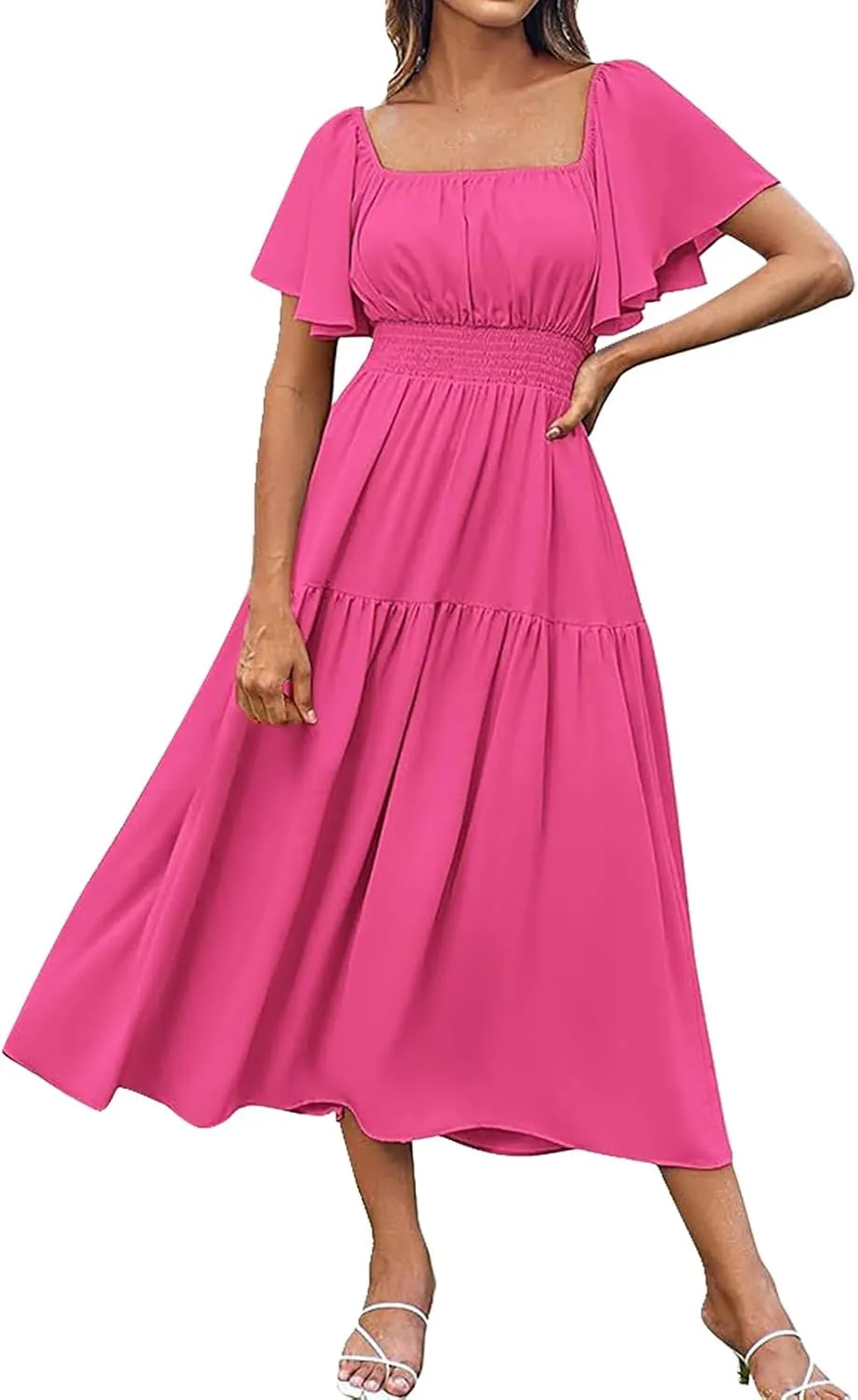 Long Dresses for Women Milkmaid Dress 2025 Trendy Short Sleeve Square Neck Smocked Waist Vacation Tiered Flowy Maxi Dress