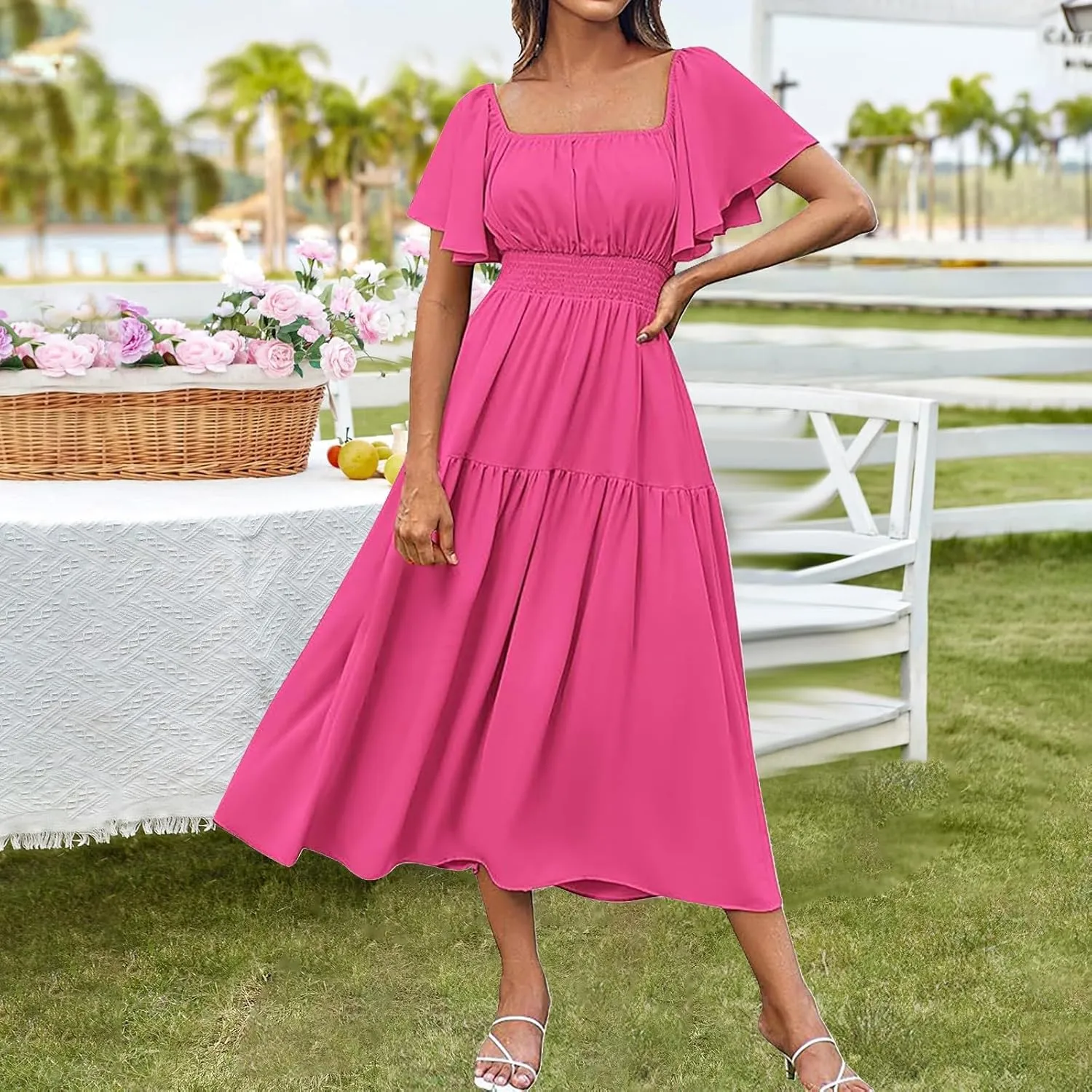 Long Dresses for Women Milkmaid Dress 2025 Trendy Short Sleeve Square Neck Smocked Waist Vacation Tiered Flowy Maxi Dress