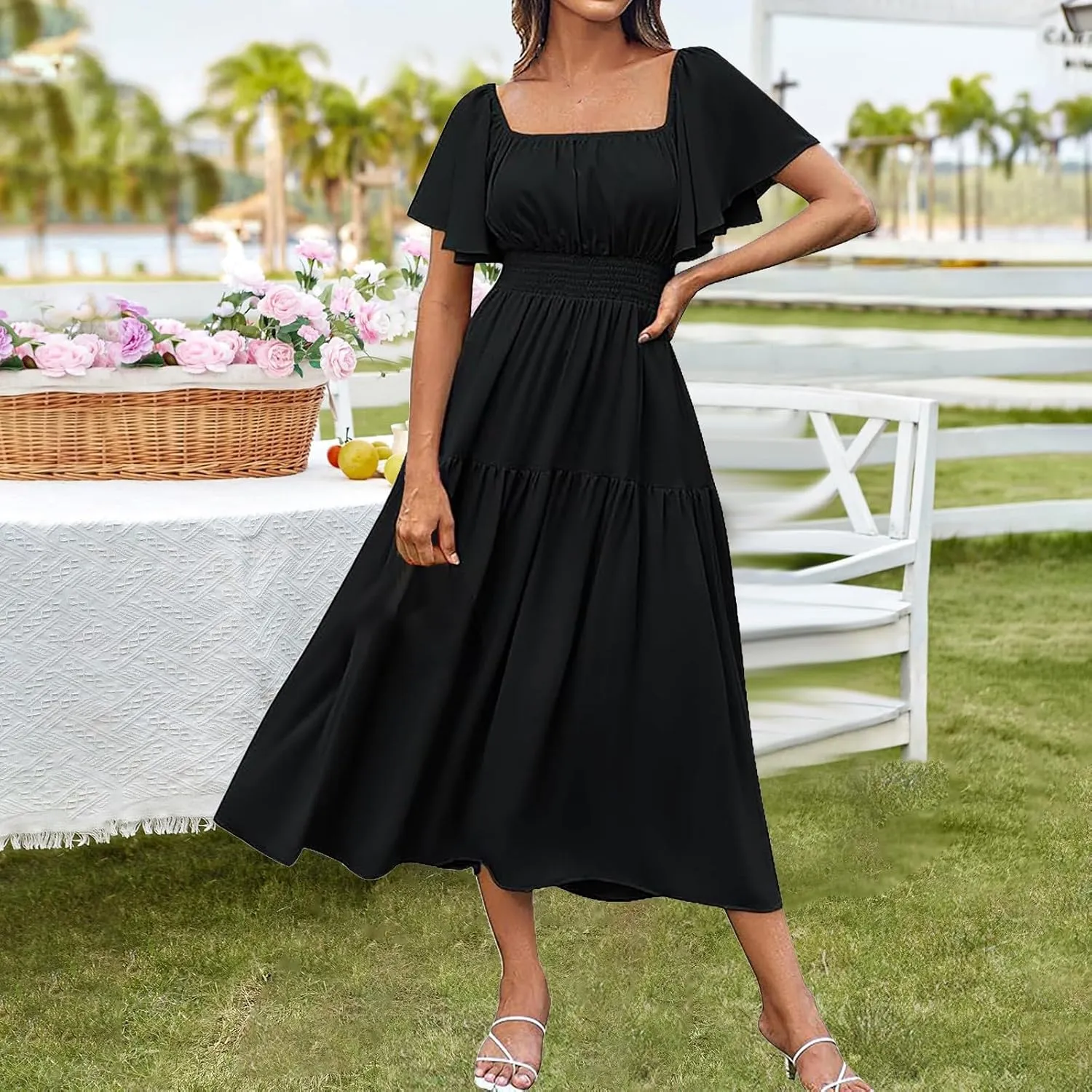 Long Dresses for Women Milkmaid Dress 2025 Trendy Short Sleeve Square Neck Smocked Waist Vacation Tiered Flowy Maxi Dress