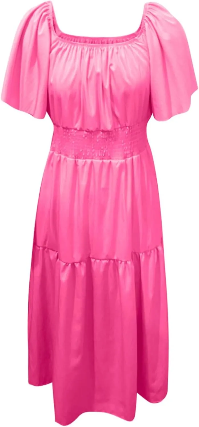 Long Dresses for Women Milkmaid Dress 2025 Trendy Short Sleeve Square Neck Smocked Waist Vacation Tiered Flowy Maxi Dress