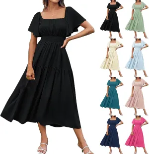 Long Dresses for Women Milkmaid Dress 2025 Trendy Short Sleeve Square Neck Smocked Waist Vacation Tiered Flowy Maxi Dress