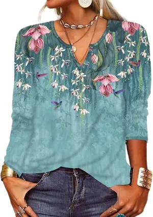 Long Sleeve Shirt Women Fall V-Neck 2025 Spring Hippie Top Western Casual Long Sleeve Floral Boho Shirts