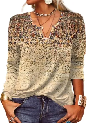 Long Sleeve Shirt Women Fall V-Neck 2025 Spring Hippie Top Western Casual Long Sleeve Floral Boho Shirts
