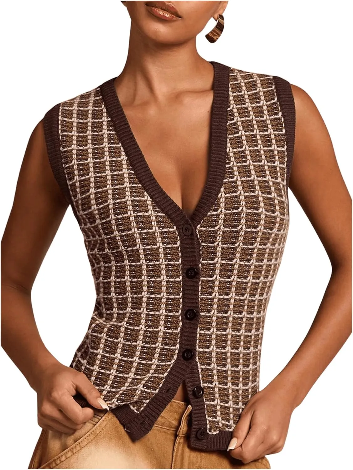MakeMeChic Women's Plaid V Neck Button Down Sweater Vest Sleeveless Knitwear