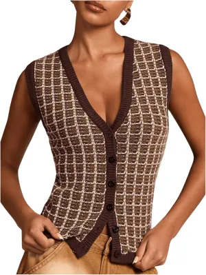 MakeMeChic Women's Plaid V Neck Button Down Sweater Vest Sleeveless Knitwear