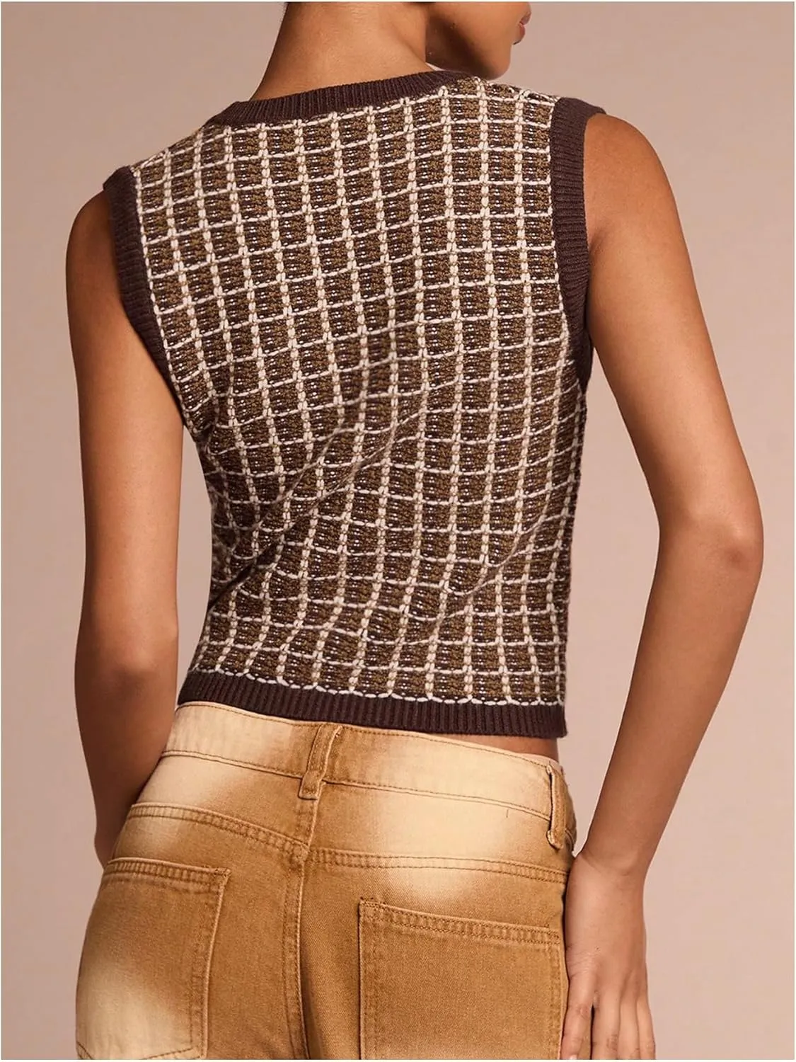 MakeMeChic Women's Plaid V Neck Button Down Sweater Vest Sleeveless Knitwear