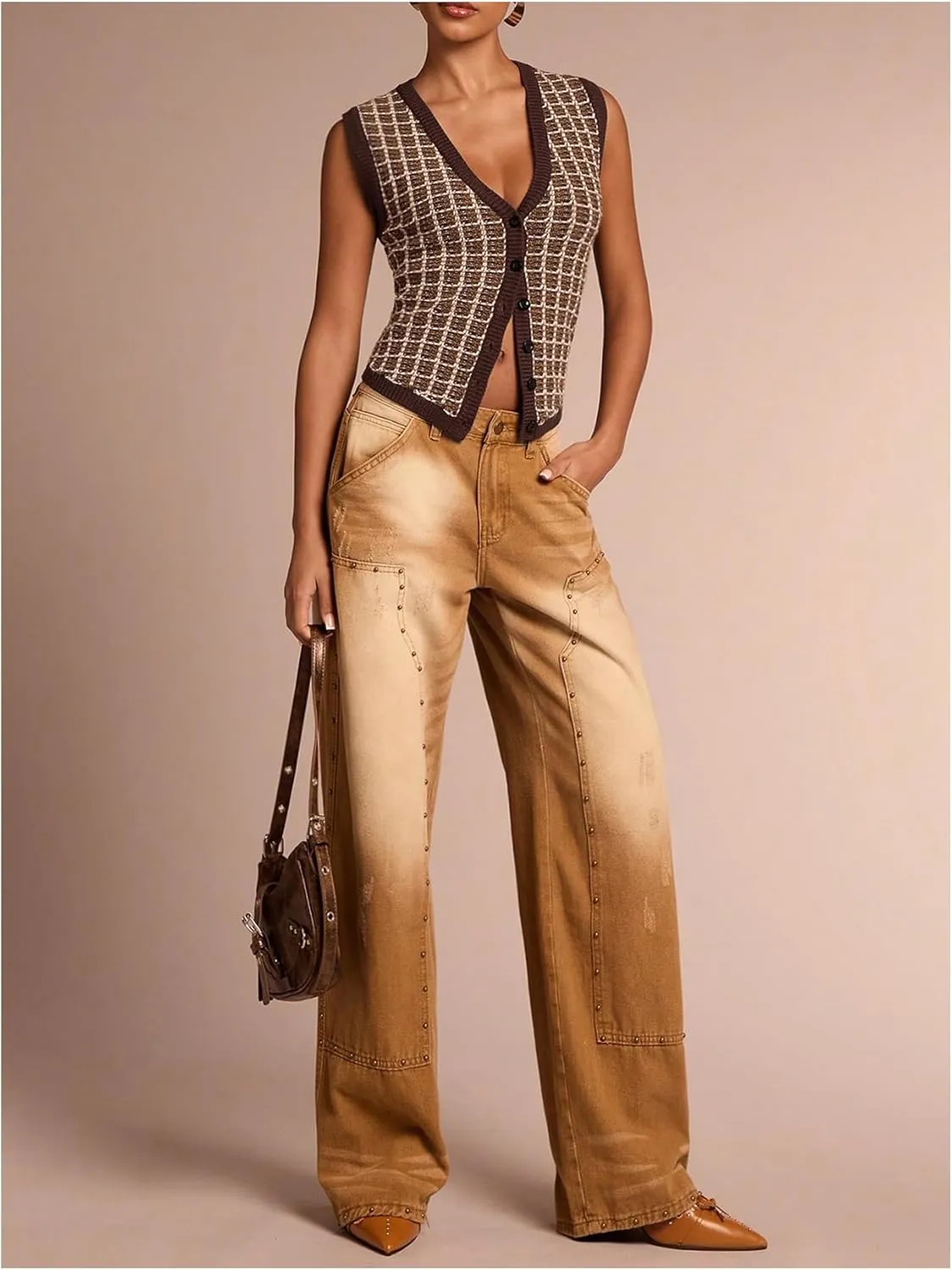 MakeMeChic Women's Plaid V Neck Button Down Sweater Vest Sleeveless Knitwear