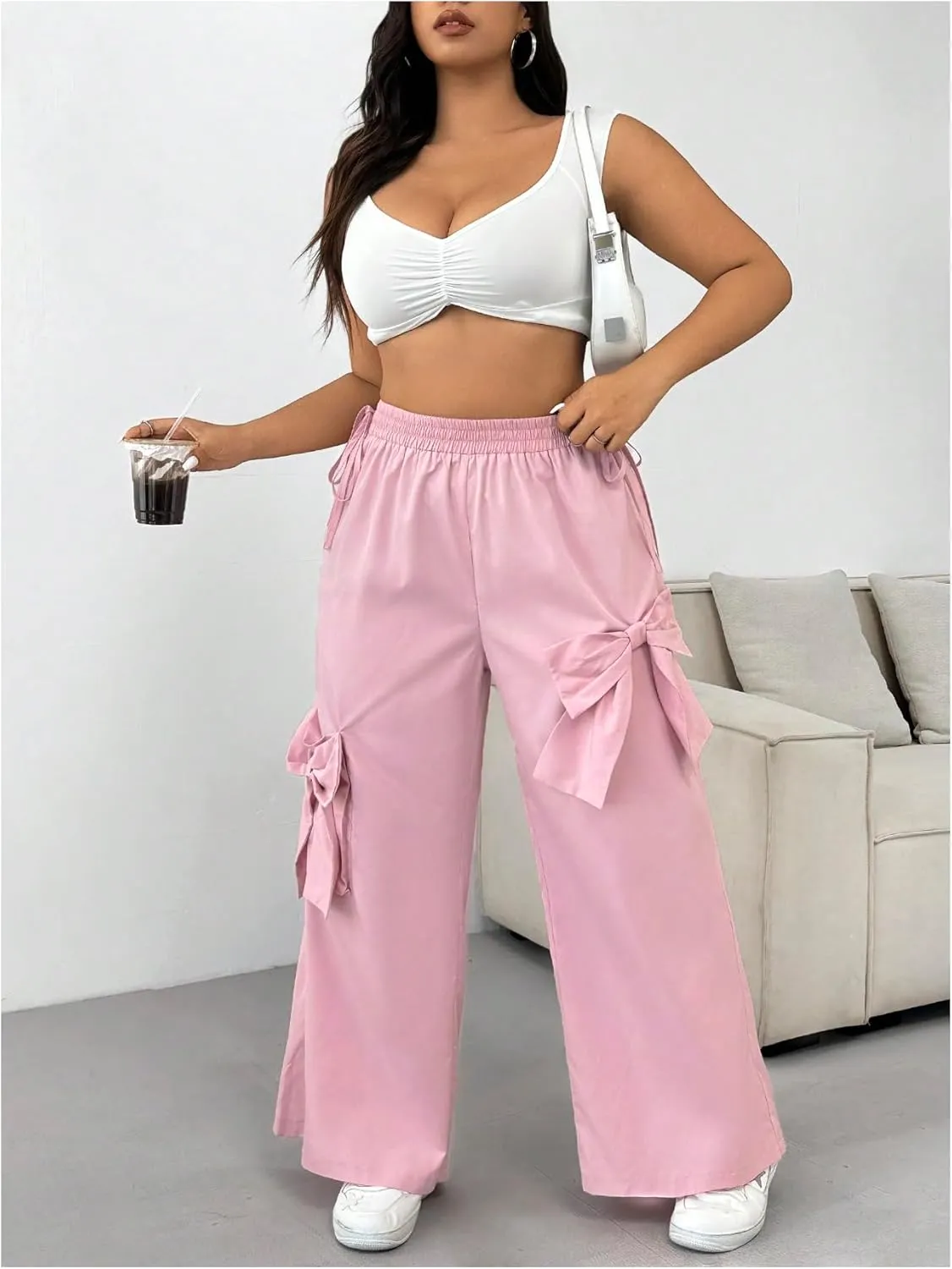 MakeMeChic Women's Plus Size Elastic Waist Baggy Sweatpants Side Tie Bow Wide Leg Y2K Pants