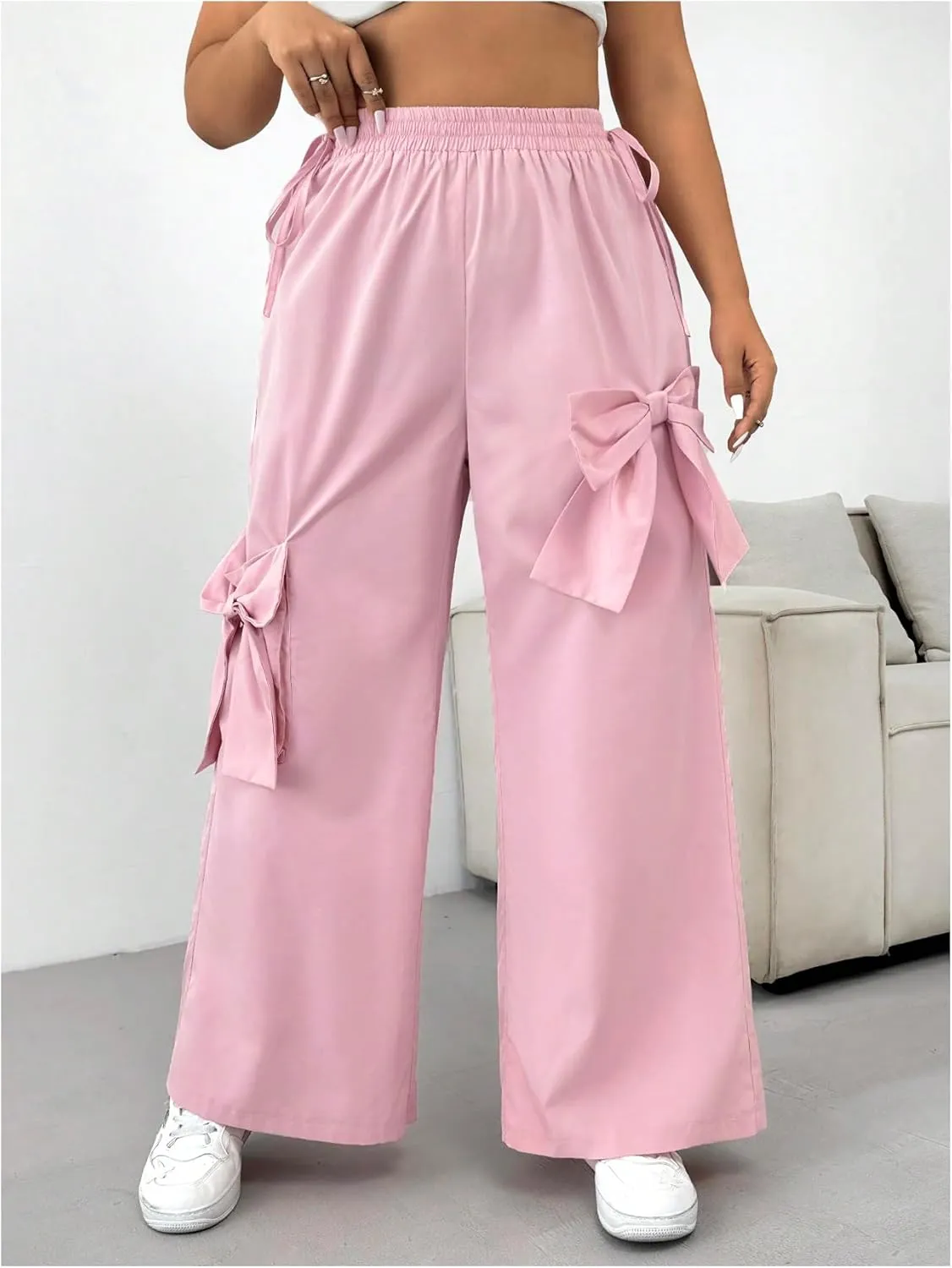 MakeMeChic Women's Plus Size Elastic Waist Baggy Sweatpants Side Tie Bow Wide Leg Y2K Pants