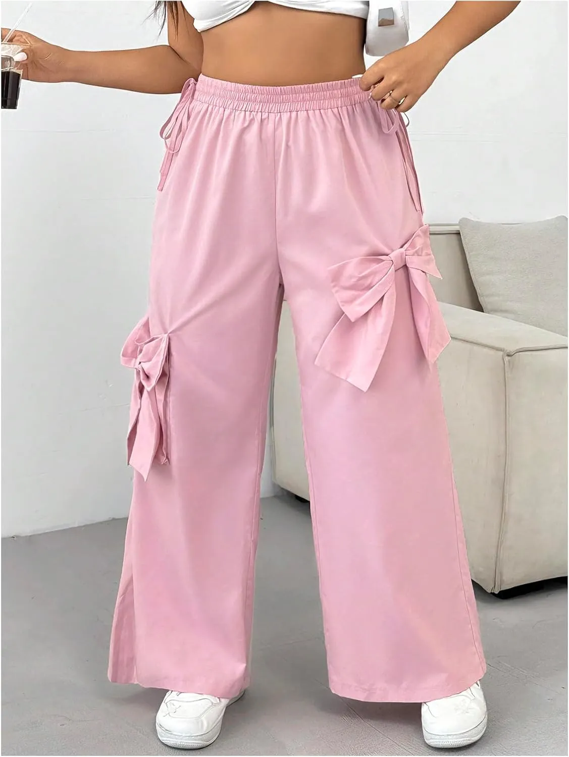 MakeMeChic Women's Plus Size Elastic Waist Baggy Sweatpants Side Tie Bow Wide Leg Y2K Pants