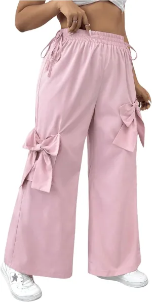 MakeMeChic Women's Plus Size Elastic Waist Baggy Sweatpants Side Tie Bow Wide Leg Y2K Pants