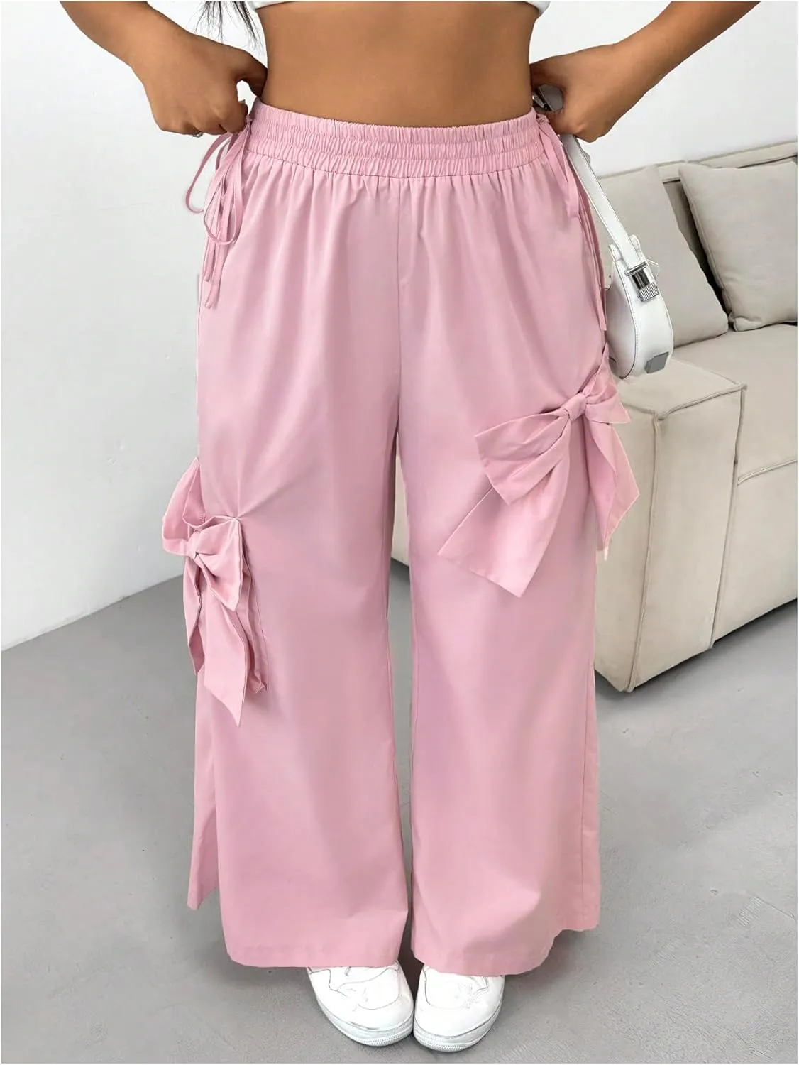 MakeMeChic Women's Plus Size Elastic Waist Baggy Sweatpants Side Tie Bow Wide Leg Y2K Pants