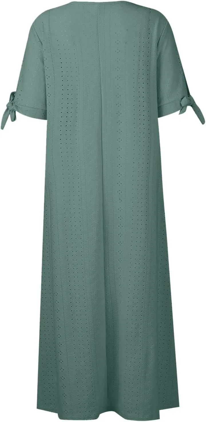 Maxi Dresses for Women 2025 Boho Short Sleeve Eyelet Tshirt Dress Casual Summer Beach Vacation Long Dresses